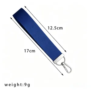 Blue fabric wristlet keychain strap detail showing length and weight measurements clearly.