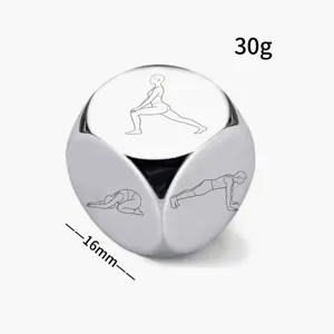 Stainless steel yoga dice detail view, laser engraved exercise pose design, 16mm size, 30g weight.