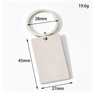 Porte-clés rectangle vierge en acier inoxydable vue détaillée avec dimensions.