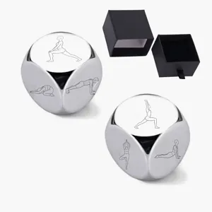 Stainless steel yoga dice set with laser engraved workout poses and gift box.