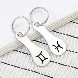 Stainless steel zodiac keychains featuring Gemini and Pisces symbols, durable metal trolley coin detail.