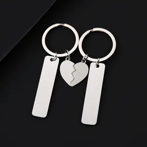 Set di Portachiavi di Coppia Personalizzati in Acciaio Inossidabile per Amanti Barra Lunga Cuore Puzzle Incisione Laser Fai da Te Accessori Gioielli Regalo