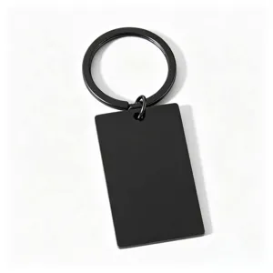 Porte-clés rectangulaire vierge en acier inoxydable noir détail, pendentif en métal gravé.