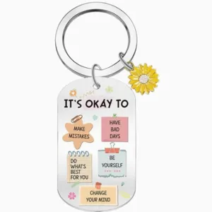 Stainless steel motivational reminder keychain with cute sunflower charm and inspiring text print.