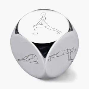 Stainless steel yoga dice for exercise decisions, minimalist engraved fitness gift.