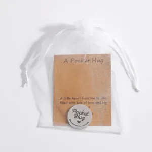 Stainless steel pocket hug token with card and organza bag, sweet gift for friends and family.