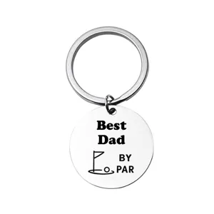 Close-up detail of stainless steel golf dad keychain engraved with best dad and golf par.