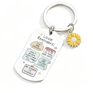 Stainless steel motivational keychain with inspirational quotes and a cute yellow sunflower charm.