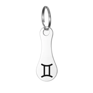 Stainless steel Gemini zodiac shopping cart token keychain pendant, stylish metal accessory.