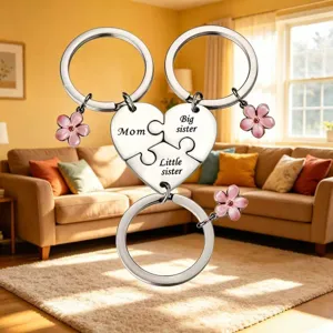 Stainless steel family puzzle keychain set with pink flower charms for mom and sisters.