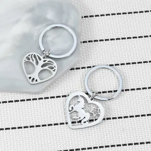 Porte-clés Coeur Acier Inoxydable Pendentif Licorne Arbre de Vie Ajouré pour Sac à Dos Accessoires Porte-clés Métal Cadeau Hommes Femmes