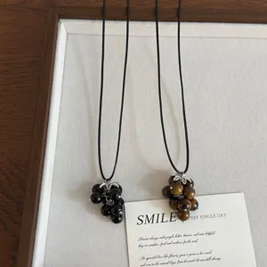 Korean Style Grape Cluster Beaded Pendant Necklace For Women Natural Stone Tiger Eye Alloy Leaf Adjustable Long Sweater Chain Jewelry