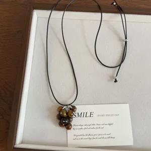 Natural stone grape beaded necklace with adjustable black cord, Korean chic sweater chain.
