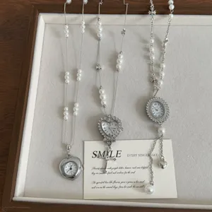 Sweet Cool Alloy Pocket Watch Pendant Necklace For Women Artificial Pearl Rhinestone Geometric Cross Statement Chain Jewelry Gift