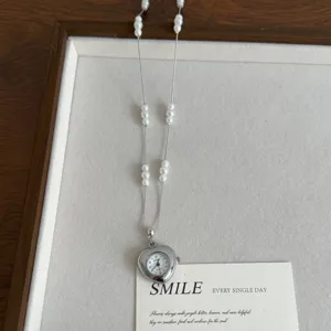 Sweet cool style pearl necklace with heart shaped watch pendant fashion sweater chain for women