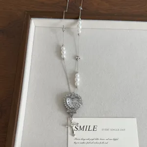 Silver heart watch necklace with pearls and cross pendant, trendy fashion sweater chain for women.