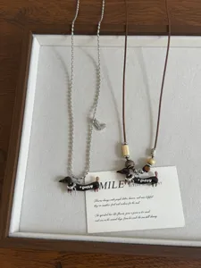 Vintage oil-drop dachshund necklace set, cute puppy pendant long sweater chain fashion jewelry.