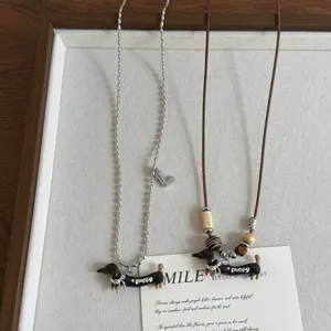Retro Enamel Dachshund Pendant Necklace Long Adjustable Sweater Chain Alloy Wood Bead Wax Rope Sausage Dog Jewelry For Women