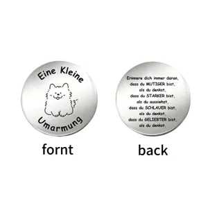 Stainless steel German motivational pocket coin with cute dog design and inspirational quote.