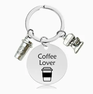 Kaffeeliebhaber Edelstahl Schlüsselanhänger mit Tasse und Maschine Charms, tolles Geschenk.