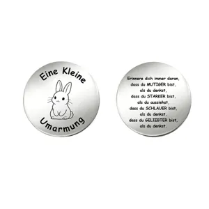 Stainless steel motivational coin with German quote, cute rabbit engraving double-sided token gift.