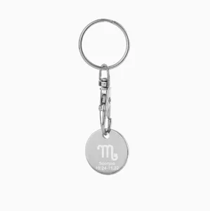 Scorpio constellation metal shopping coin token keychain detail closeup view stainless steel accessory.