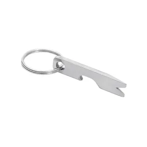 Nahaufnahme des polierten Edelstahl-Flaschenöffner-Schlüsselanhängers mit robustem Metallring.