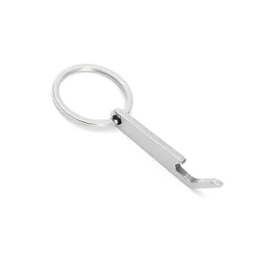 Edelstahl Flaschenöffner Schlüsselanhänger Detailansicht, polierte Metalloberfläche, kompakter Stil.