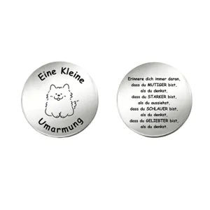 Stainless steel German motivational coin detail view, cute puppy engraving double sided souvenir.