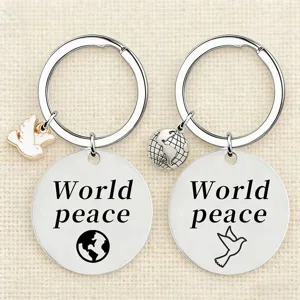 Stainless steel world peace keychain with peace dove and globe pendants for anti-war fashion.