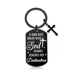 Llavero de Cruz de Acero Inoxidable Negro Dog Tag Grabado Letra Inglés Colgante Anillo de Clave Cita Religiosa Regalo Joyería para Hombres Mujeres