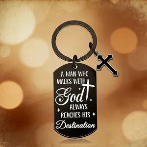 Llavero militar negro de acero inoxidable con cruz y frase religiosa inspiradora.