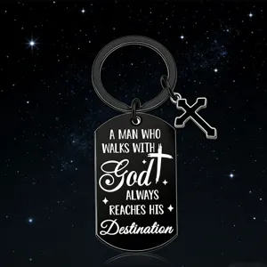 Llavero de placa de acero inoxidable negro con cruz y grabado de cita religiosa inspiradora.