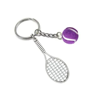 Metal tennis racket and purple tennis ball keychain cute sports souvenir keyring item