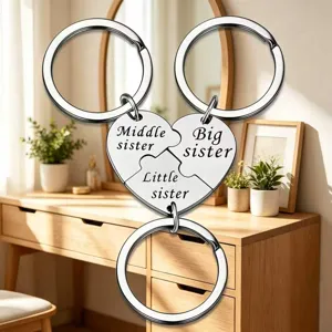 Stainless steel sister keychain set, heart puzzle 3-piece pendant gift for family friends.