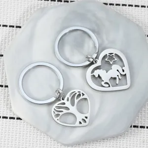 Porte-clés cœur creux en acier inoxydable licorne arbre de vie pendentif sac cadeau