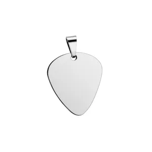 Stainless steel guitar pick pendant detail view, blank metal charm for DIY engraving gifts.