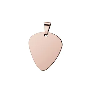 Detailed view of a blank rose gold guitar pick pendant, stainless steel DIY engravable charm.