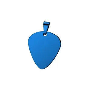 Close-up detail of blue stainless steel guitar pick pendant for custom engraving DIY use.