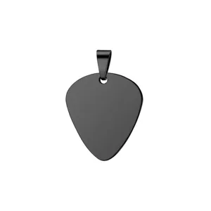 Detailed view of black stainless steel guitar pick pendant with matte finish texture.