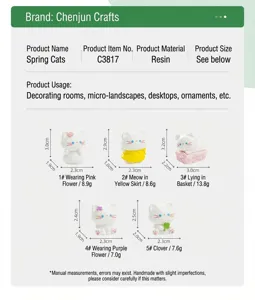 Resin cute cat figurine size chart details, miniature garden landscape and desktop decor display.