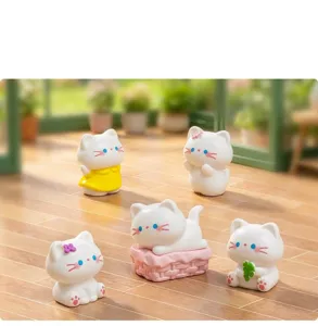 Cute miniature white cat figurines set, perfect for DIY garden landscaping and desktop decor.