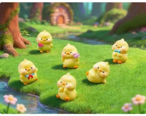 Vue détaillée de mignons petits canards jaunes en résine, parfaits pour micro-paysage et déco.