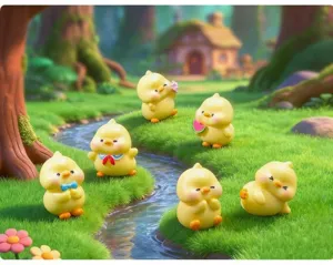 Détail de figurine de petit canard jaune en résine, micro paysage déco de jardin.