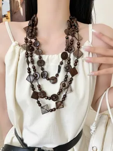 Etnische stijl meerlaagse kokosnootschaal houten kraal ketting retro lange trui
