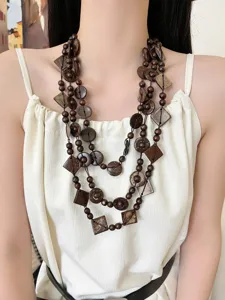 Boho meerlaagse houten kraal ketting, vintage kokosnoot hanger lange trui ketting voor dames.