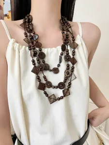 Ethnische meerlaagse houten kralen ketting vintage kokosnoot schaal truiketting dames