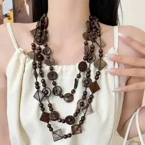 Etnische Vintage Gelaagde Kokosnoot Schaal Houten Kralen Hanger Ketting Lange Trui Ketting Halssieraden Voor Dames