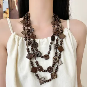 Etnische vintage gelaagde kokosnoot schaal houten kraal lange ketting voor vrouwen