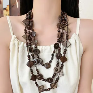 Boho multilayer kokosnoot houten kralen lange ketting voor dames retro sweater ketting